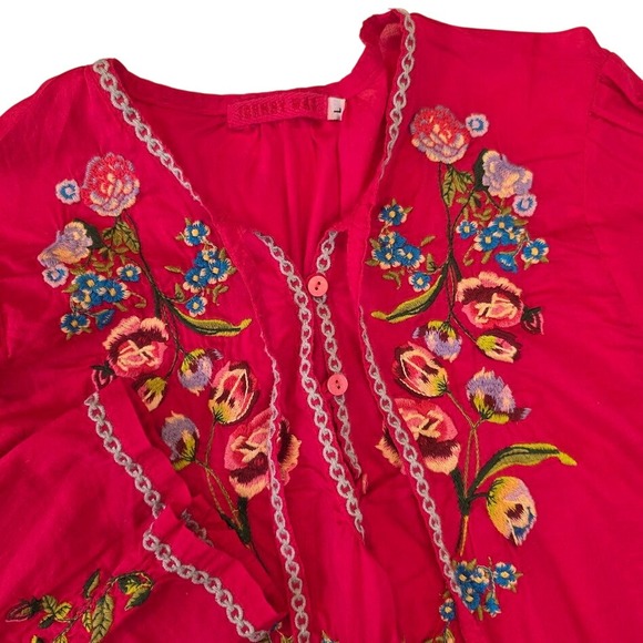 Johnny Was Tops - Johnny Was Women's Size M Tunic Fuchsia Pink Floral Embroidered Boho Cotton Top